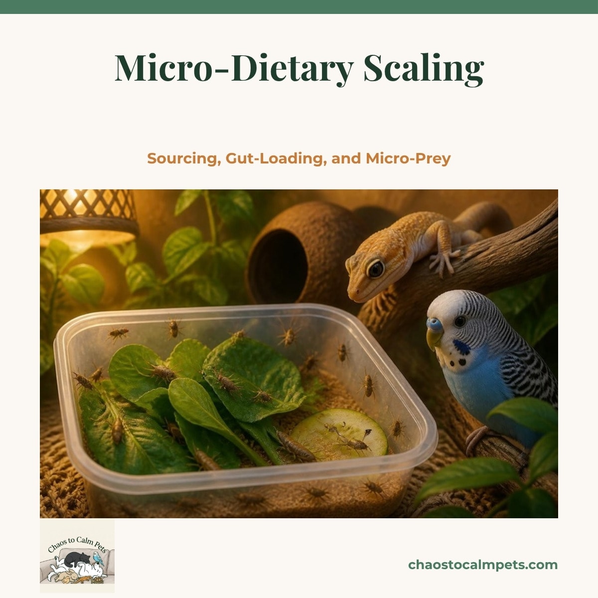 Tiny pinhead crickets and fruit flies in a gut-loading container with greens beside a watching hatchling gecko, with Neige the blue budgie nearby