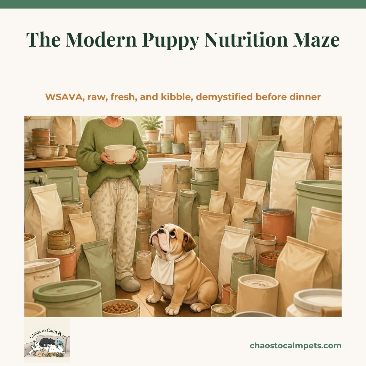 A lanky fawn Great Dane puppy sitting beside a digital kitchen scale with a bowl of kibble on it, a woman reading the back of a food bag with a magnifying glass, shelves of colourful bags behind her