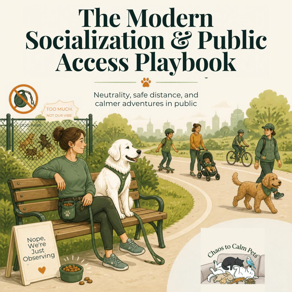Woman sitting on a park bench with a calm white dog on a standard leash, observing skateboarders, cyclists, and strollers passing by at a safe distance