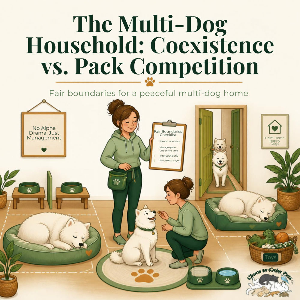 Woman holding a fair boundaries checklist standing between two calm white Samoyeds with separate feeding stations, individual beds, and a toy basket in a tidy living room