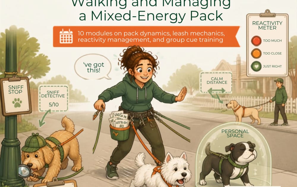 Person walking multiple dogs of different sizes and energy levels on leash