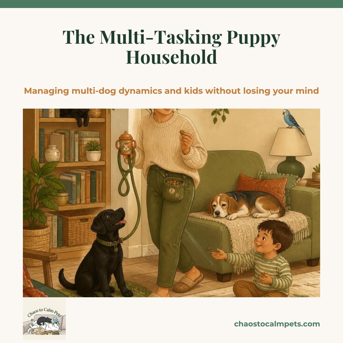 A small chocolate Labrador puppy on a leash beside a grey-muzzled senior collie resting on a raised bed behind a baby gate, a child sitting cross-legged on the floor dropping kibble, a woman standing within arm's reach, a blue budgie perched on the gate and a black cat on the windowsill