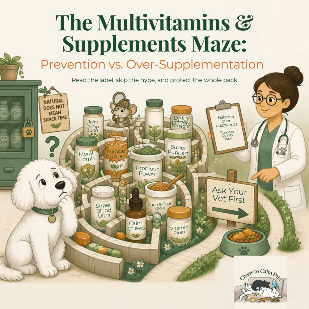 Illustrated maze of pet supplement bottles including joint support, probiotics, omega blends, and calming chews, with a veterinarian holding a clipboard pointing to an "Ask Your Vet First" sign