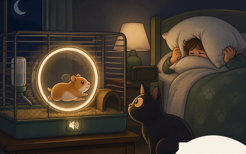 A cute mouse on a running wheel — the night shift in action