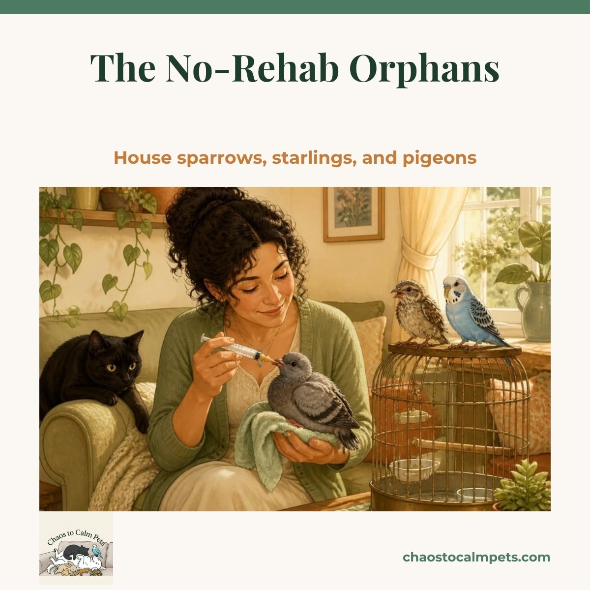 Fledgling house sparrow perched beside a blue budgie on a cage-top play stand while a woman feeds a pigeon squab with a syringe, a black cat watching from the sofa