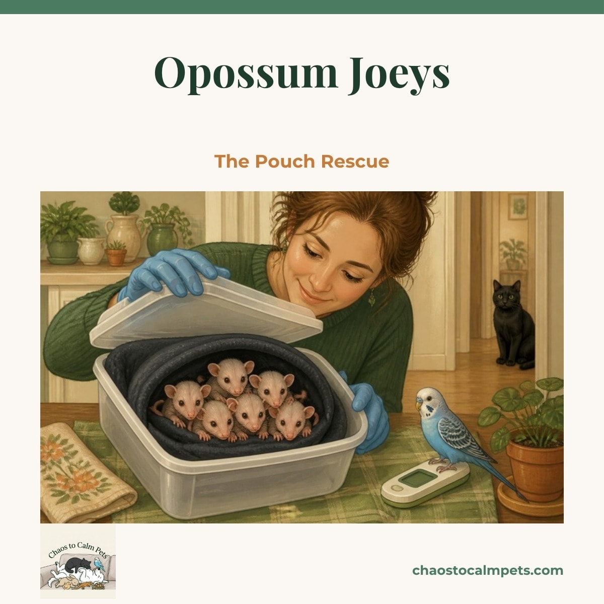 Six pink hairless opossum joeys huddled in a dark fleece pouch inside a plastic tote on a heating pad, a woman in nitrile gloves holding the tote lid, a blue budgie perched on the thermometer and a black cat watching from the hallway