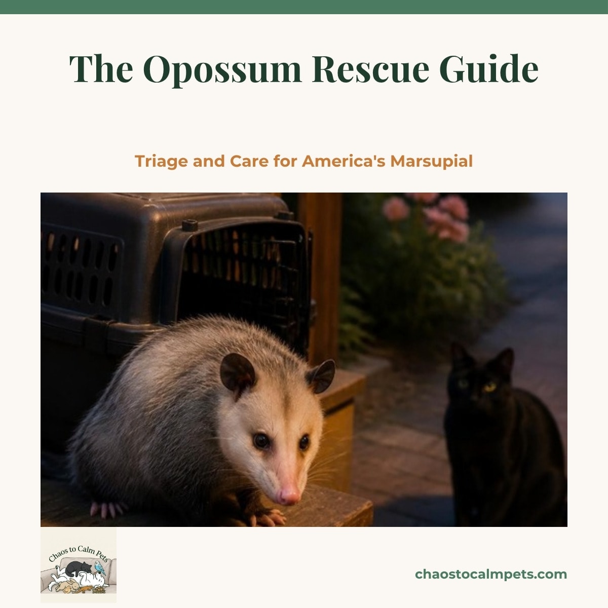 A Virginia opossum with silver-gray fur, a white face and pink nose sitting calm on a porch step beside a dark pet carrier at dusk, a blue budgie on the porch rail above and a black cat watching from the garden