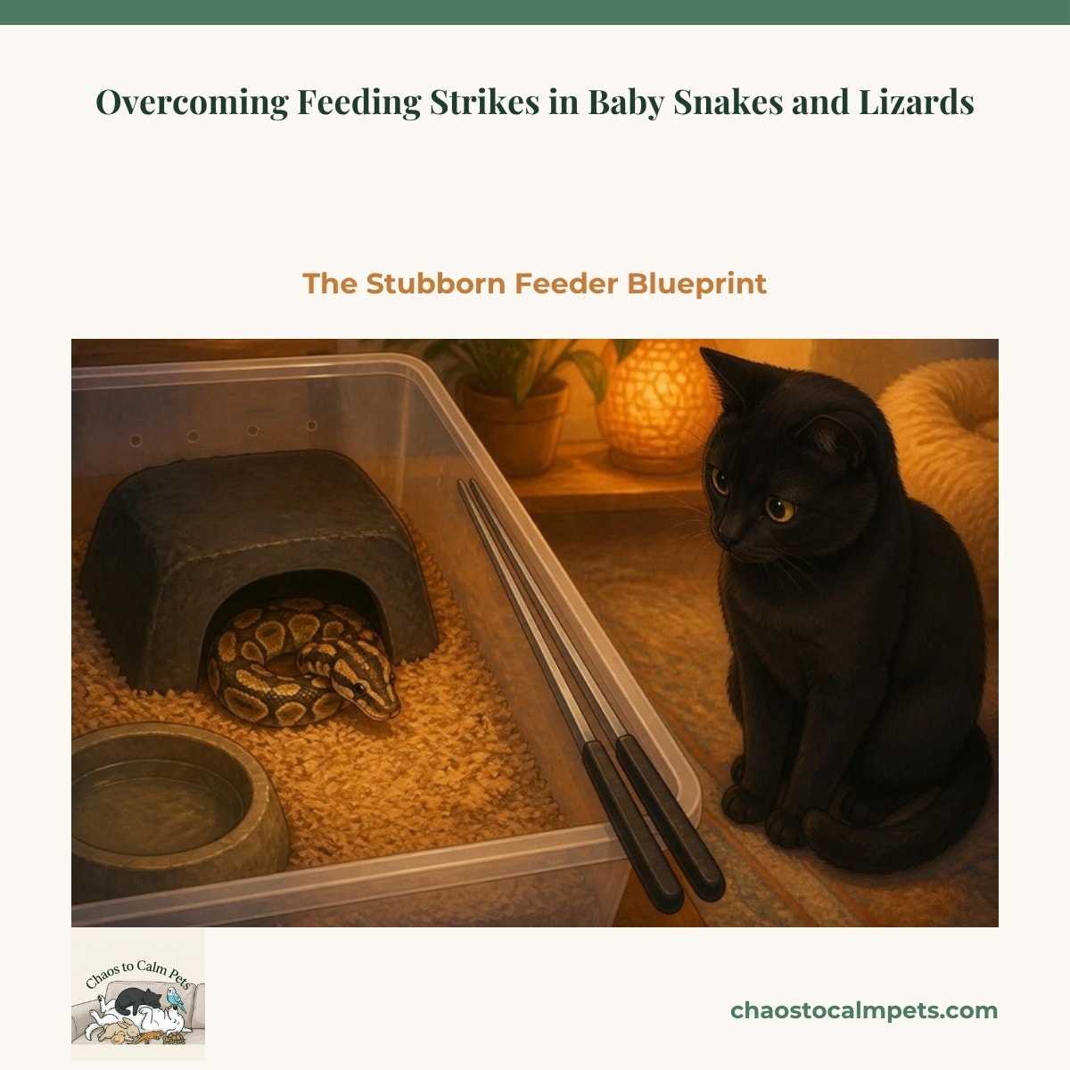 A hatchling ball python curled in a dark hide with a warm, scented food item and long tongs nearby, with Shadow the black cat watching