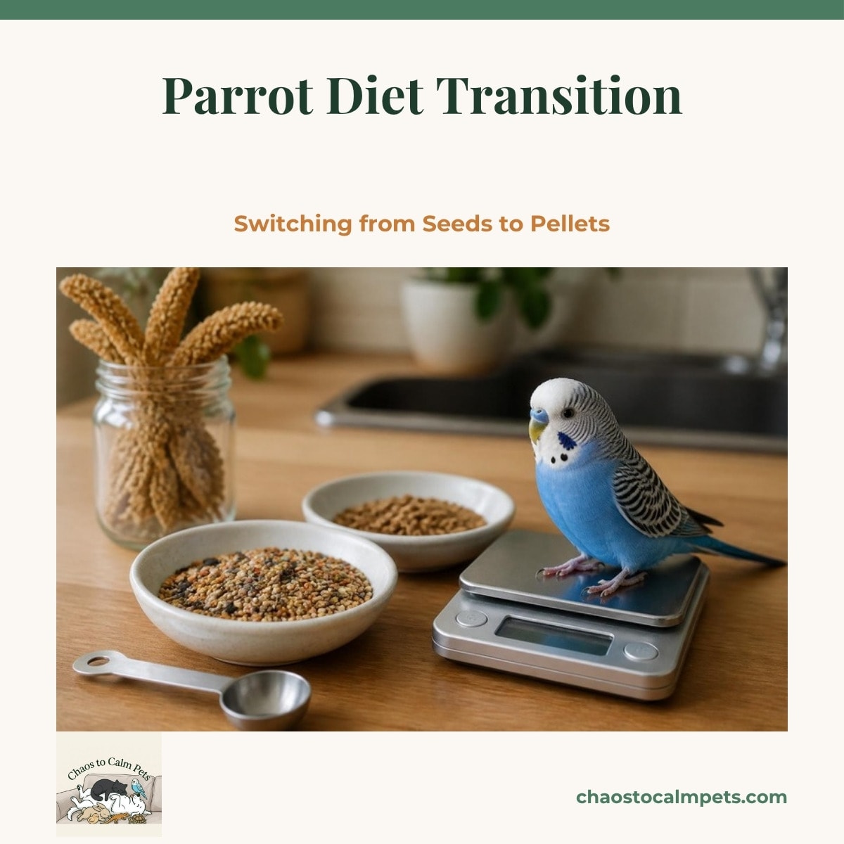A small kitchen scale with a blue budgie perched on it beside two bowls, one of mixed seed and one of brown pellets, with a measuring spoon and a jar of spray millet on the counter