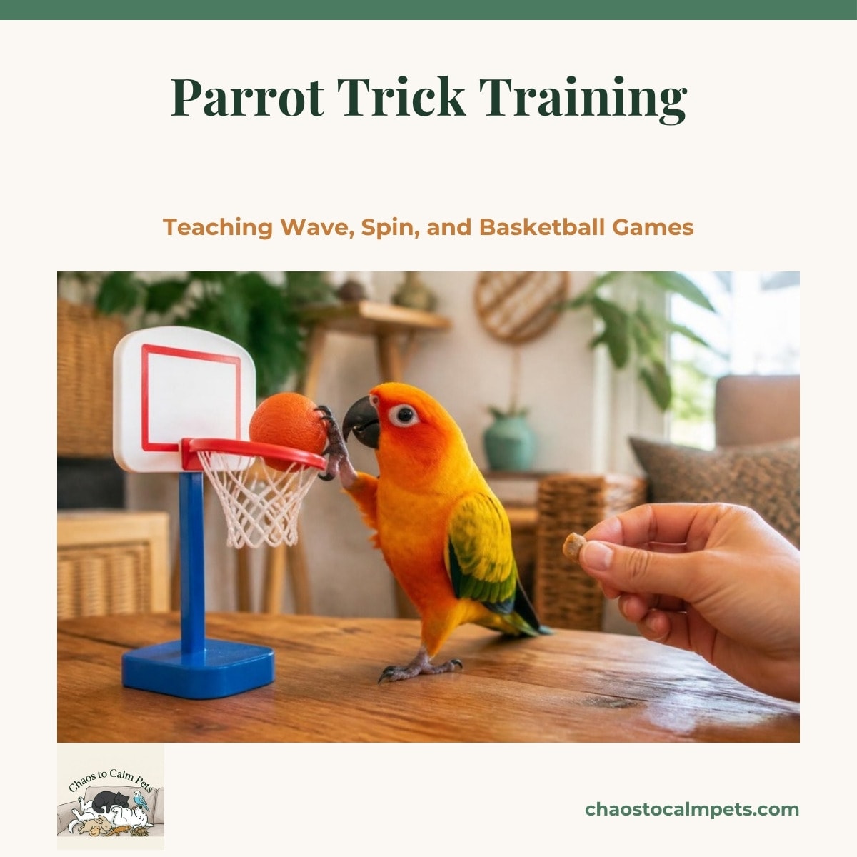 A small green parrot on a tabletop holding a tiny orange plastic ball in its beak above a miniature basketball hoop, with colored wooden blocks, matching cups and a clicker arranged beside it