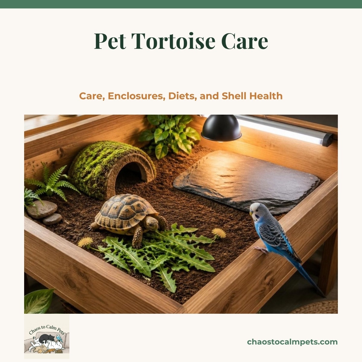 A wide wooden tortoise table with a topsoil floor, a slate basking slab under a lamp beside a T5 tube, a damp moss hide, a Russian tortoise grazing on scattered dandelion greens, and a blue budgie perched on the table's rim