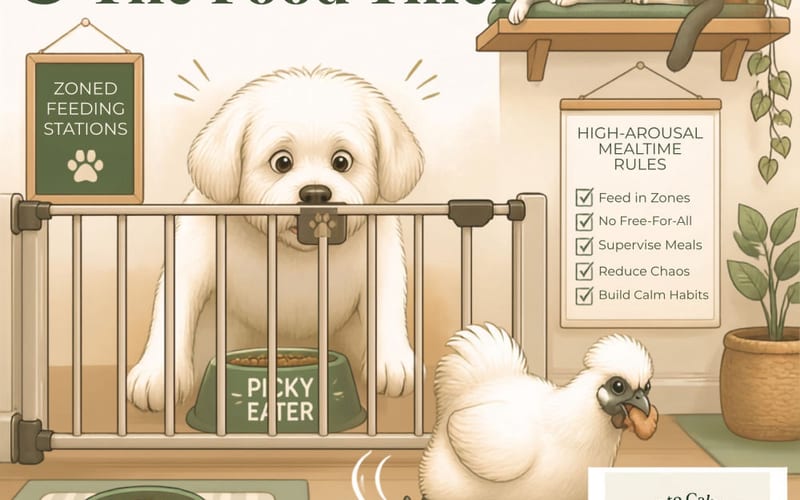 Dog, cat, and bird each eating calmly in their own feeding zones