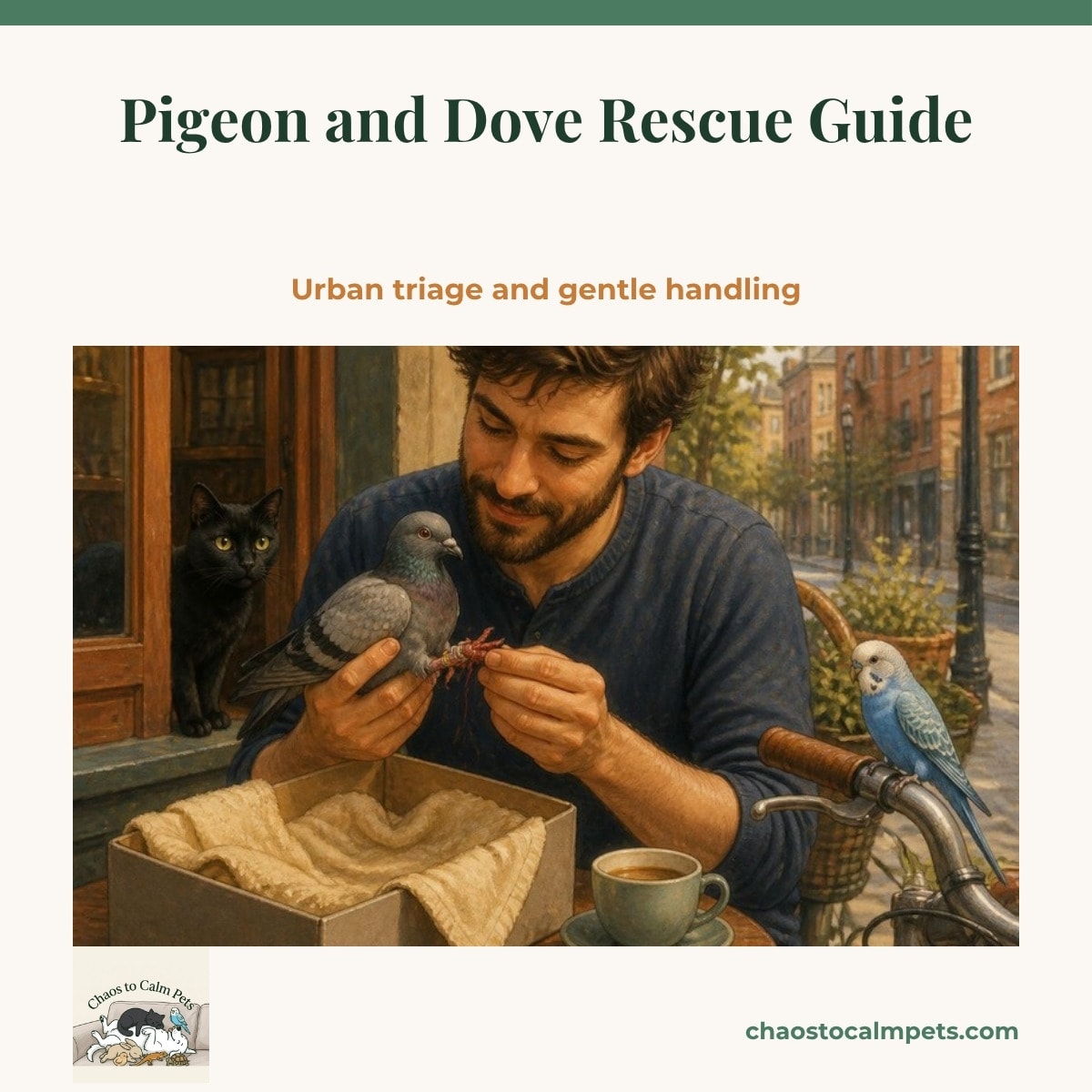 A grey city pigeon with a thread-tangled foot sitting calmly in a towel-lined box on a café table while a young man reads the band on its leg, a black cat peering from a doorway and a blue budgie on a bicycle handlebar beside him