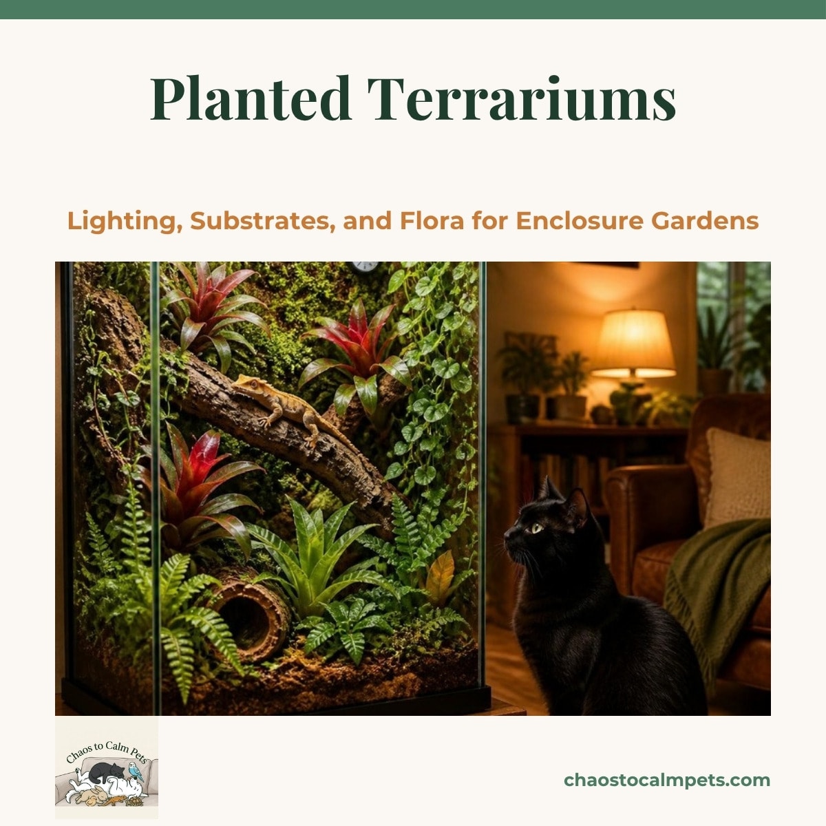 A tall glass vivarium lush with bromeliads, creeping fig, miniature ferns, and a living moss wall under a white LED grow bar, a hygrometer on the glass, a crested gecko on a cork branch, and a black cat sitting beside the tank watching the plants