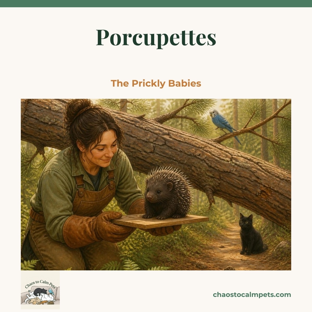A dark fluffy porcupette with soft new quills sitting on a flat wooden board held by a woman in leather welding gauntlets beneath a fallen pine, a blue budgie perched on a branch above and a black cat watching from the trail