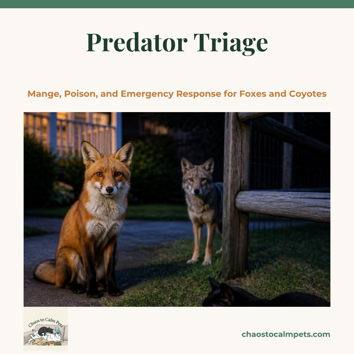 A red fox and a coyote sitting calm on a suburban lawn at blue hour near a wooden fence, a blue budgie on the fence rail and a black cat crouched in the foreground watching