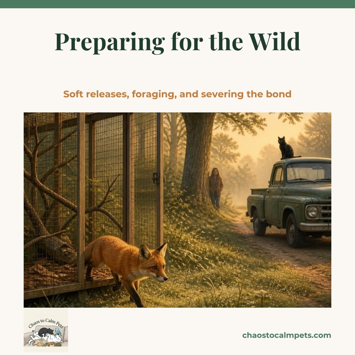 A large hardware-cloth outdoor enclosure at the edge of a forest at dawn with its door propped open, a young fox stepping out onto the leaf litter while a woman in a plain brown jacket watches from far behind a tree, a black cat sitting on her truck and a blue budgie on the enclosure frame