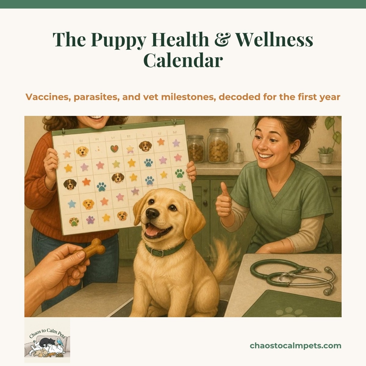 A yellow Labrador puppy sitting on a vet-clinic scale wagging at a treat, a woman holding a colourful calendar with stickers, a stethoscope and a stack of records in a binder on the counter