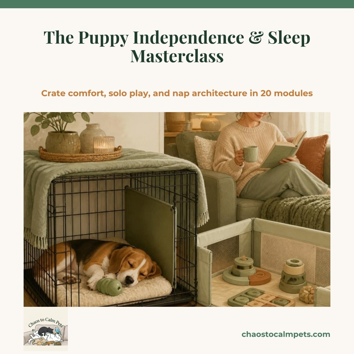 A tan-and-white Beagle puppy asleep in a wire crate with a divider panel and a sage blanket over the top, a frozen KONG at its paws, a playpen with puzzle toys beside it, and a woman reading quietly on the sofa nearby