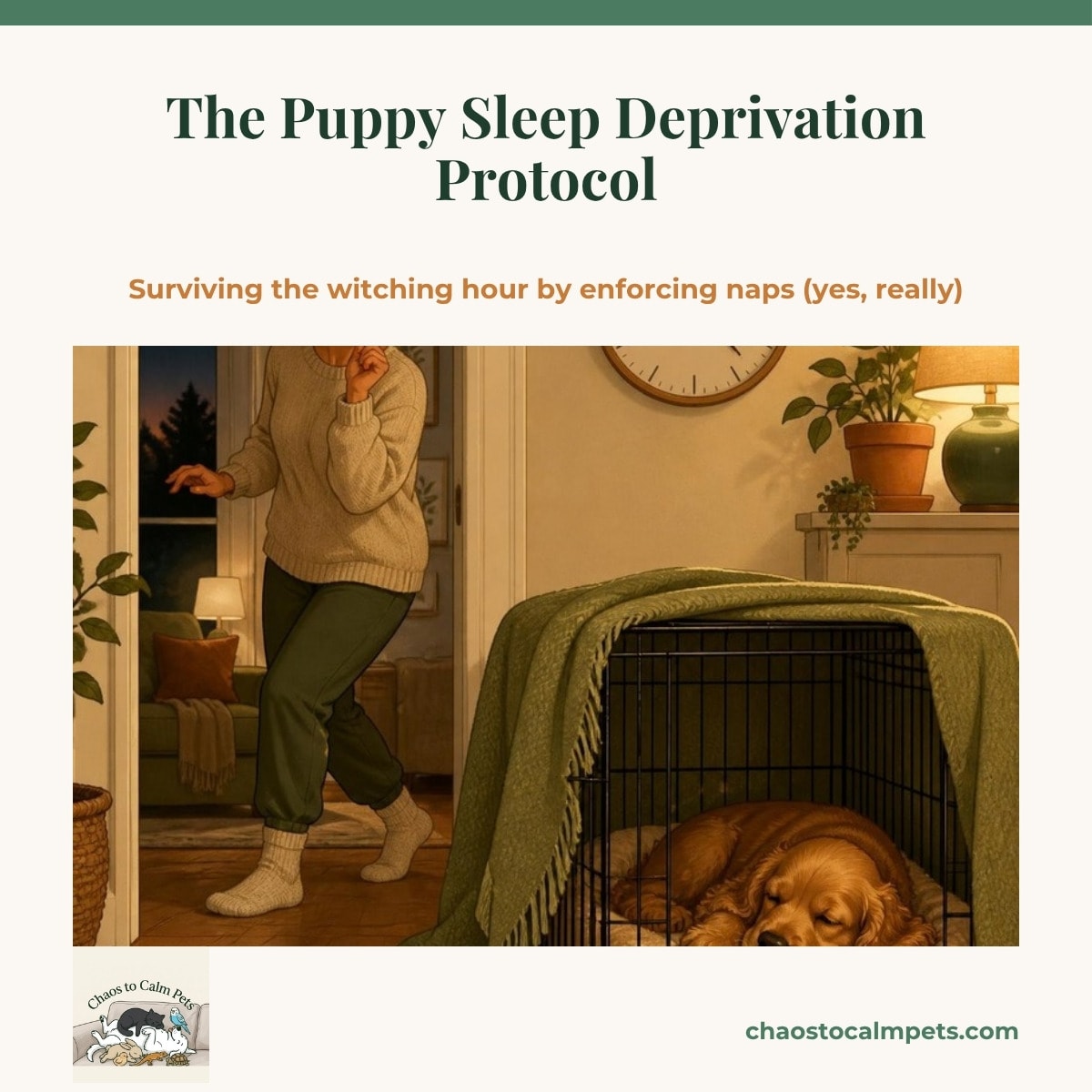A floppy golden-brown Cocker Spaniel puppy fast asleep inside a crate draped with a sage-green blanket, a small white-noise machine glowing beside it, while a woman tiptoes past with a finger to her lips