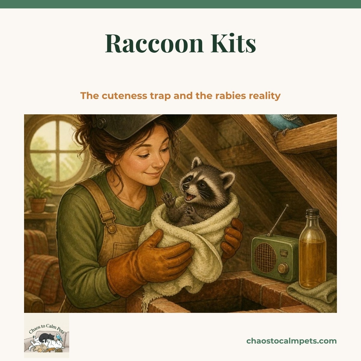 A masked raccoon kit with tiny human-like paws chattering from inside a towel held by a woman in thick leather welding gloves, a radio and a bottle of apple cider vinegar set by a chimney, a blue budgie watching from a rafter