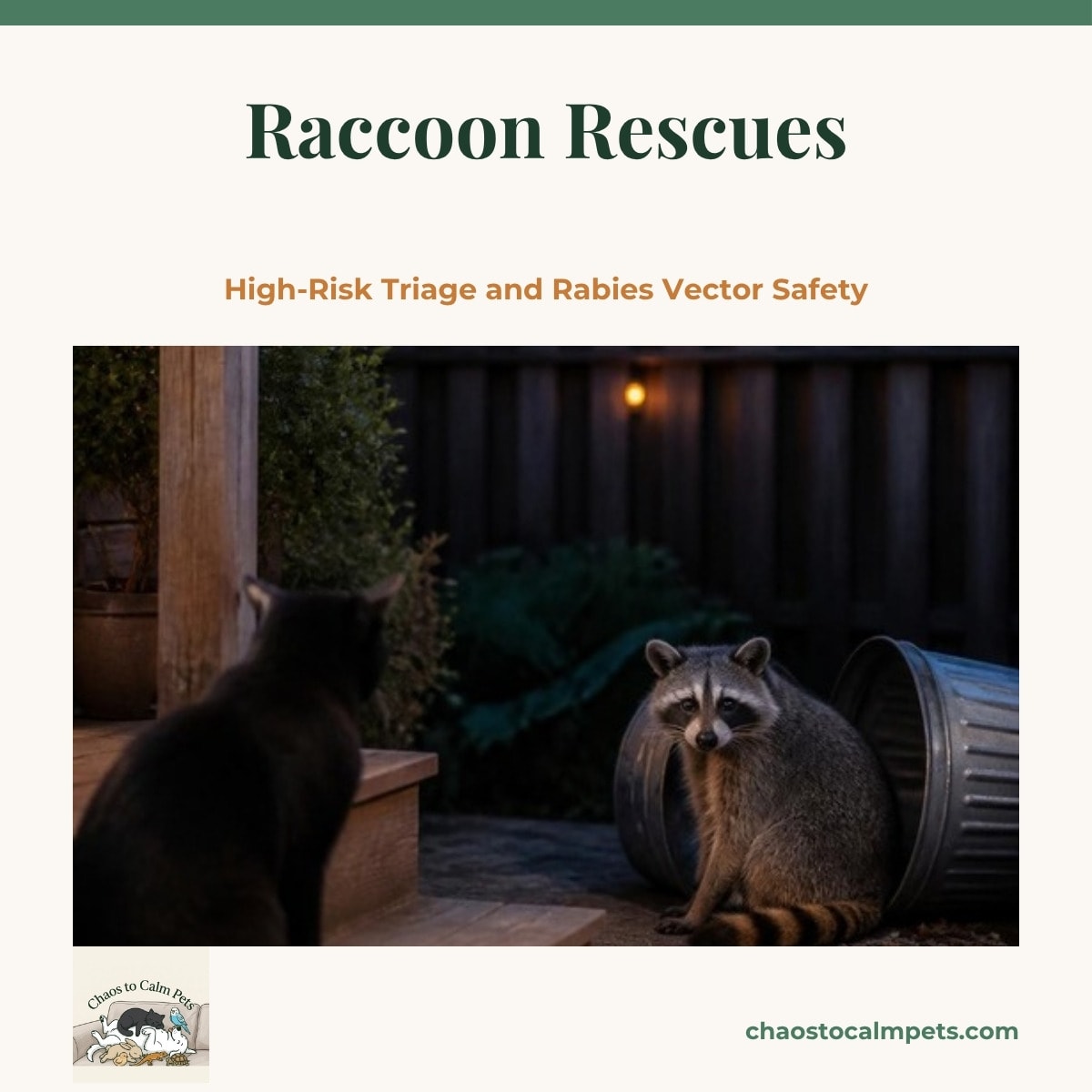 An adult raccoon with a black mask and ringed tail sitting calmly beside an overturned trash can at the edge of a backyard at dusk, a blue budgie on a rafter above and a black cat watching from the porch steps
