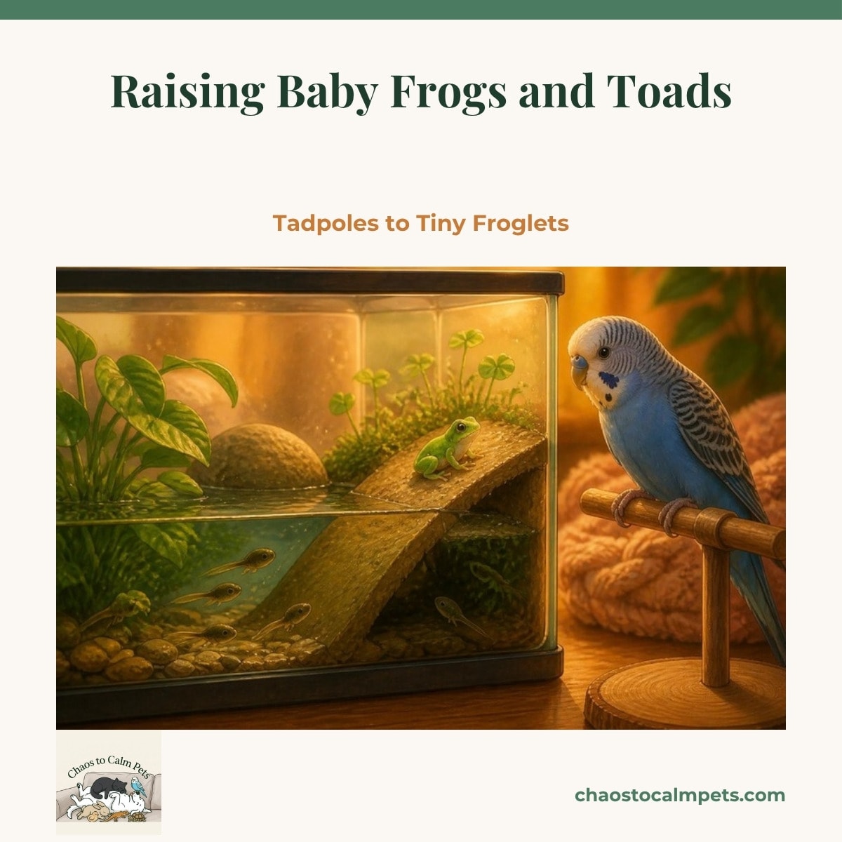 A green tree frog tadpole tank with a froglet resting on a land ramp, with Neige the blue budgie watching