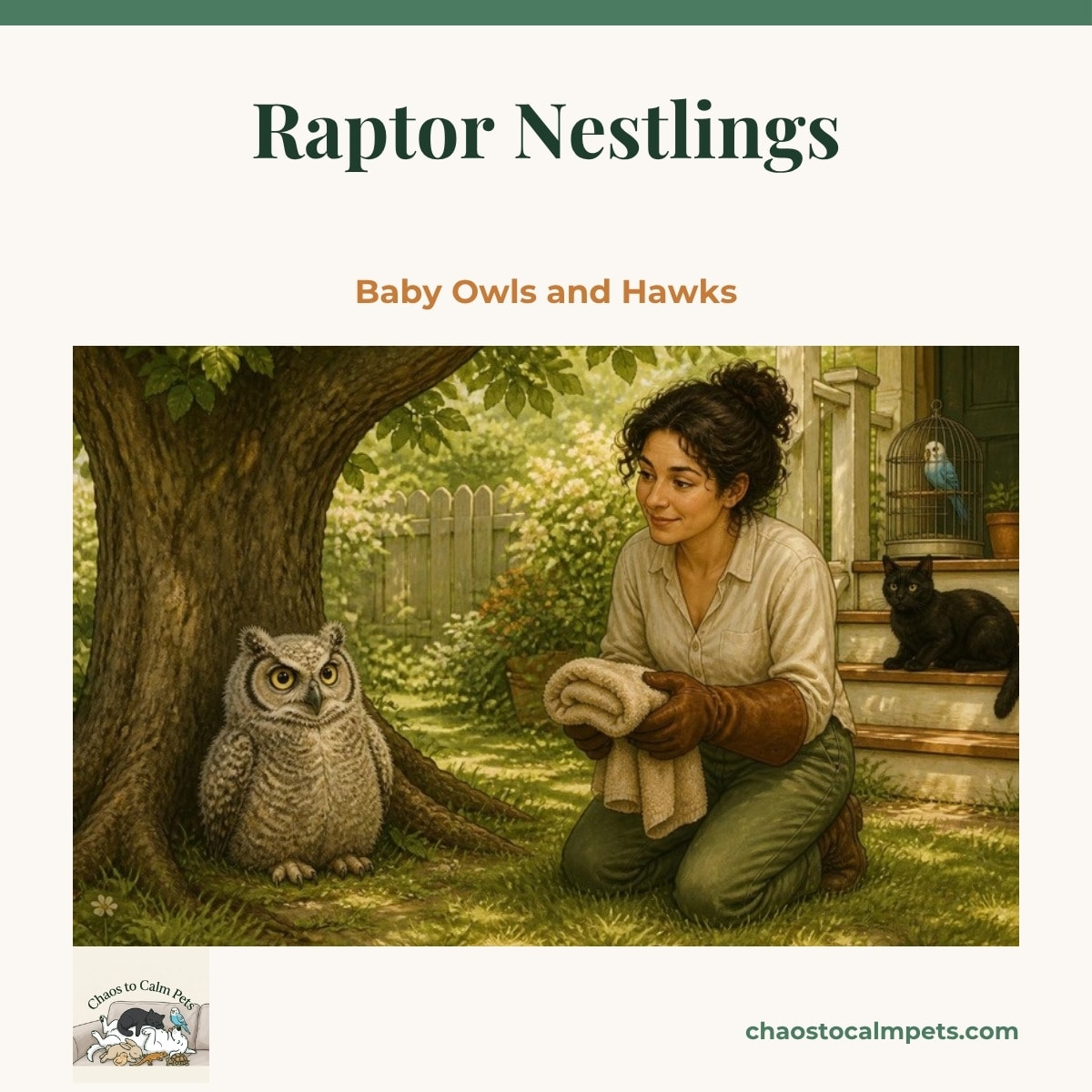 Fluffy great horned owlet at the base of an oak tree with a woman in welder's gloves holding a towel, a blue budgie and a black cat watching from the porch