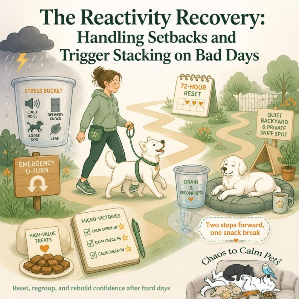 Woman walking a calm white dog on a winding path past signs for Emergency U-Turn and Quiet Sniff Spot, with a stress bucket, 72-hour reset calendar, and micro-victories checklist visible