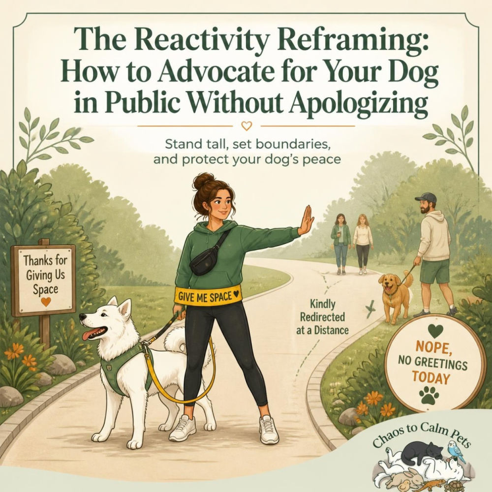 Confident woman in a Give Me Space sash holding up a hand to redirect approaching strangers while her calm white dog stands beside her on a park path