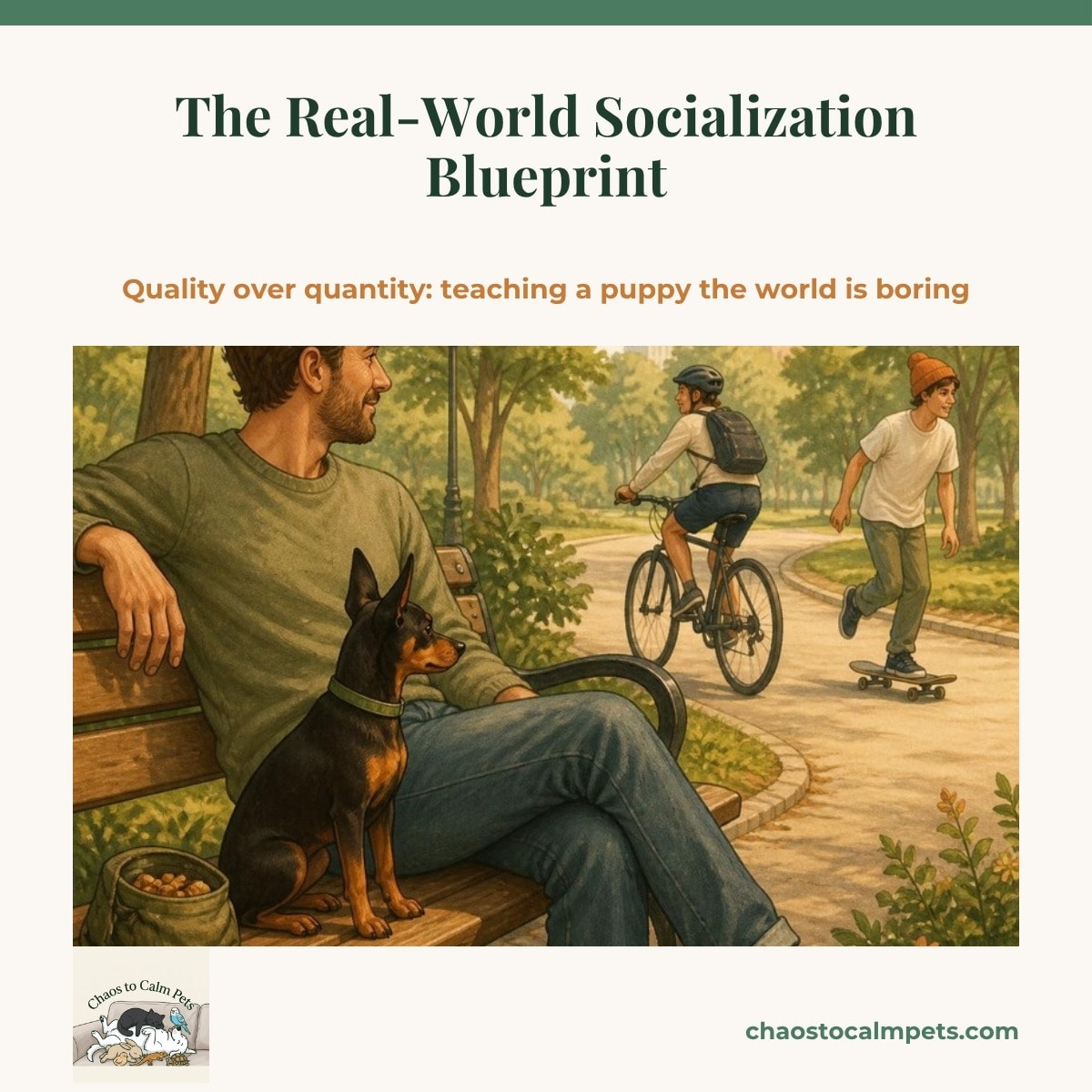 A small black-and-tan Miniature Pinscher puppy sitting calmly on a park bench beside a man, watching a cyclist and a skateboarder pass at a comfortable distance, a bag of treats open on the bench