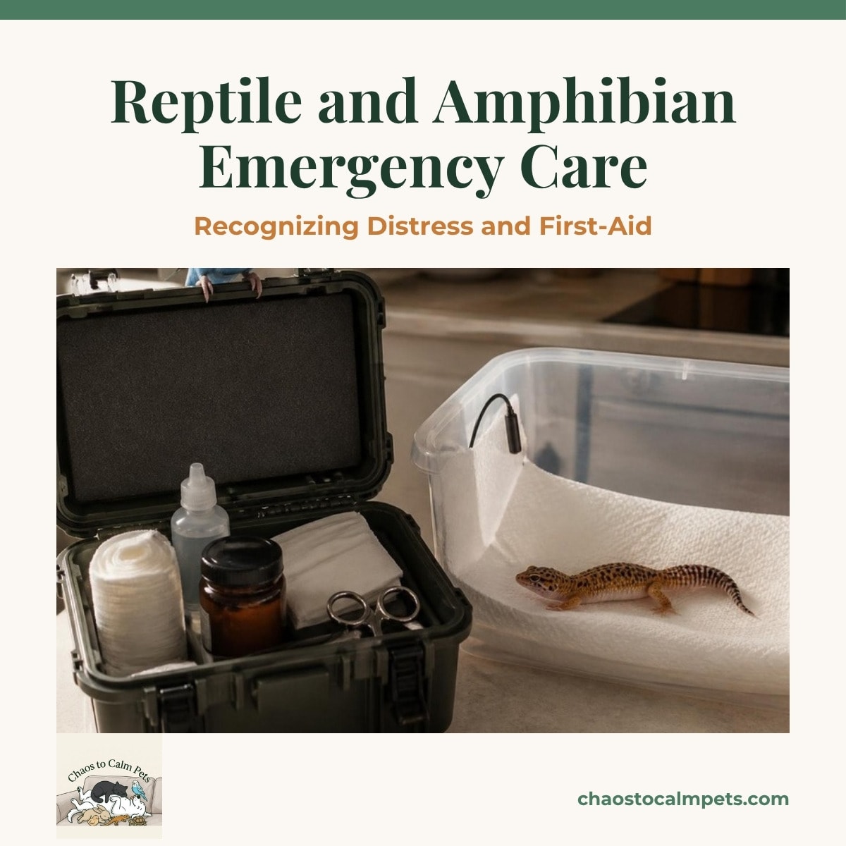 A waterproof first-aid box open on a counter with gauze, saline, manuka honey, blunt scissors, and a laminated vet contact card, a paper-towel-lined hospital tub with a thermostat probe beside it, a leopard gecko resting inside, and a blue budgie perched on the box lid