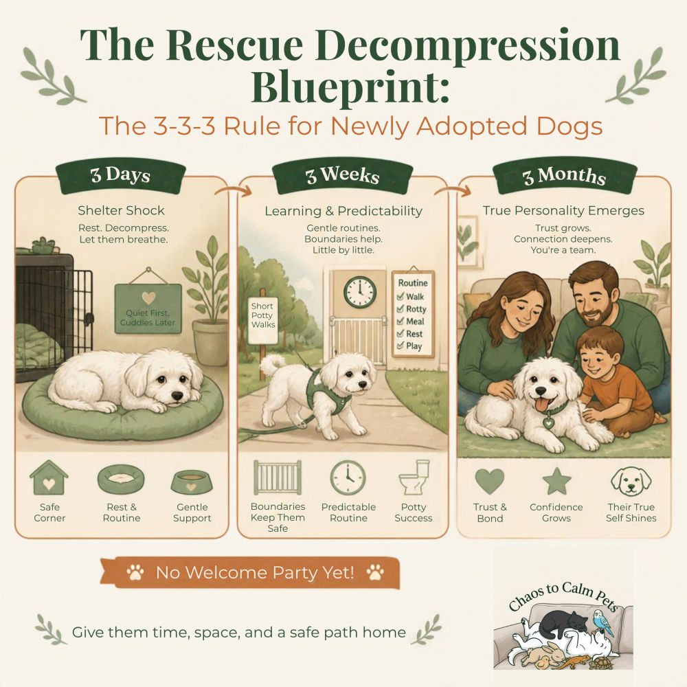 Infographic showing the 3-3-3 Rule for newly adopted rescue dogs across three phases: 3 Days of shelter shock and quiet rest, 3 Weeks of gentle routine, and 3 Months of trust and true personality emerging
