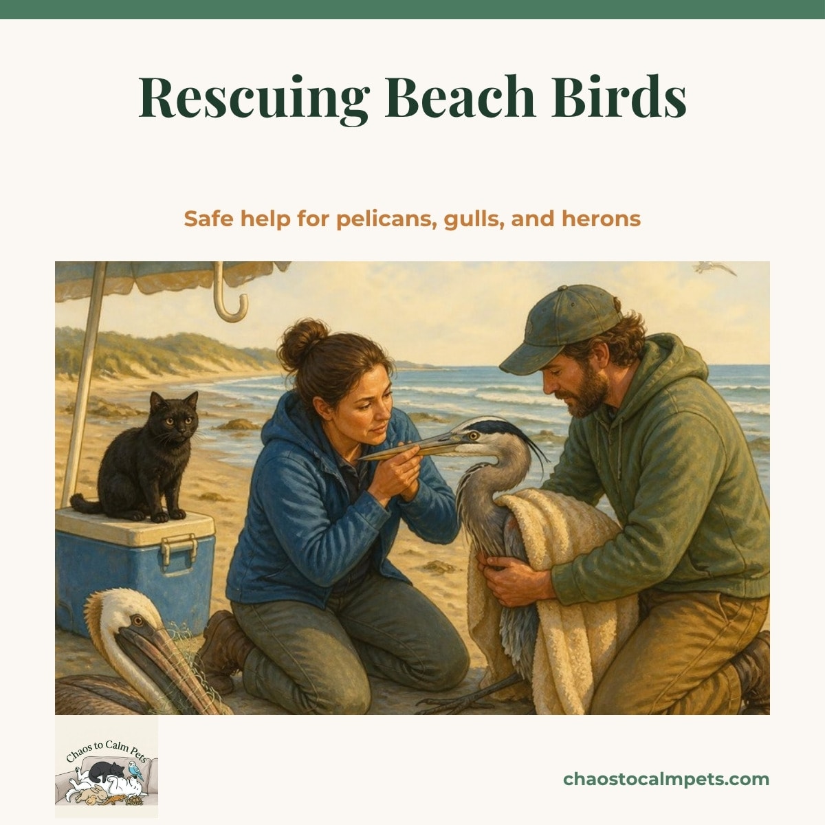 Two people on a beach at low tide, one holding a great blue heron's bill at the base while the other wraps a large towel around its body, a brown pelican with a tangle of fishing line nearby, a black cat perched on a cooler and a blue budgie on the handle of a beach umbrella