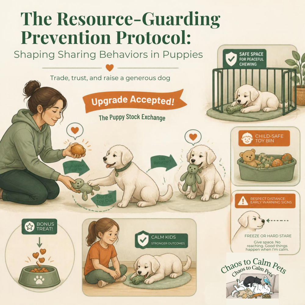 Infographic showing the puppy stock exchange protocol: woman trading a high-value treat for a boring toy with a golden retriever puppy, with panels showing safe chewing space, child-safe toy bin, and early warning signs