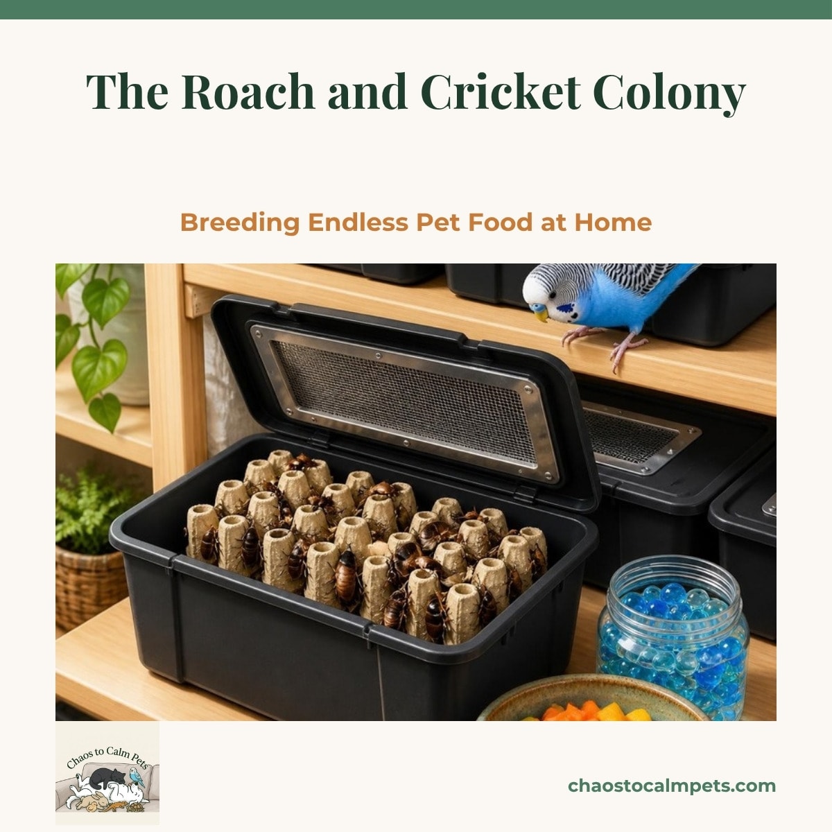 A tidy shelf of dark plastic storage bins with stainless mesh windows in the lids, one open to show vertical egg flats crowded with dubia roaches, a bowl of chopped squash and carrots, a jar of water gel crystals, and a blue budgie peering down from the shelf above