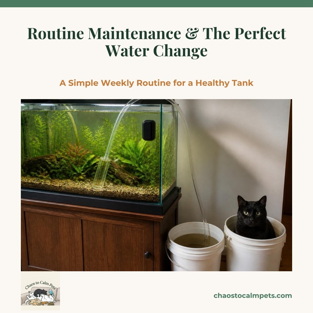 A planted freshwater aquarium in the middle of a water change, with a gravel vacuum tube resting on the sand, a bucket beside the stand, a magnetic algae cleaner on the front glass and small fish among green stem plants