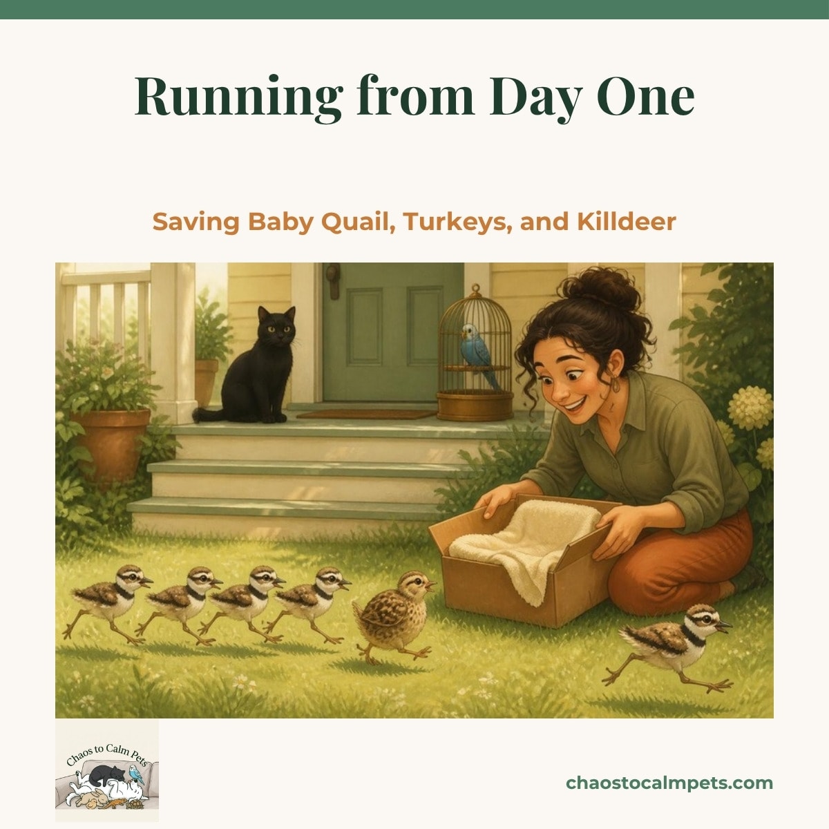 Striped killdeer chicks and a bobwhite quail chick running across a lawn toward a woman kneeling with a towel-lined box, a blue budgie and a black cat watching from the porch