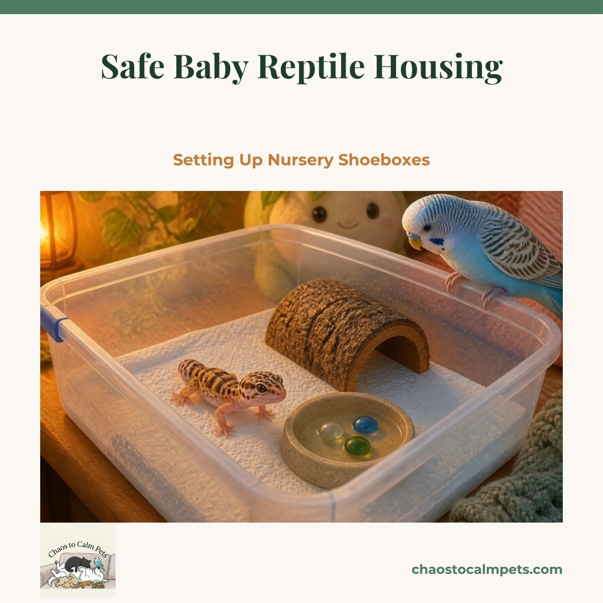 A clear shoebox nursery with damp paper towels, a bottle-cap water dish with marbles, a small hide and a hatchling leopard gecko, with Neige the blue budgie watching