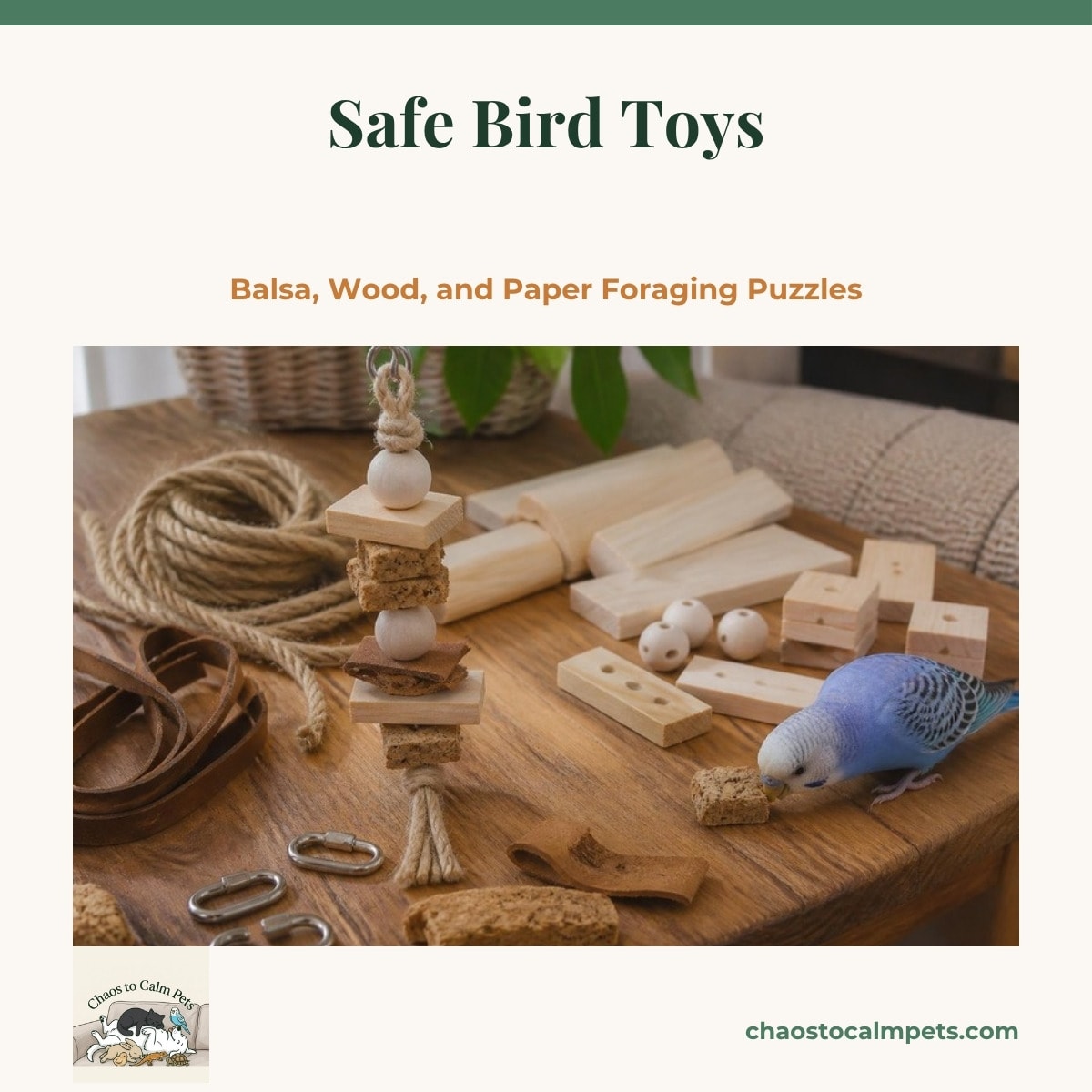 A work table covered with balsa and pine blocks, a coil of natural sisal rope, wooden beads, strips of leather and a handful of stainless steel quick-links, with a half-built hanging toy and a blue budgie chewing a piece of cork at the table's edge