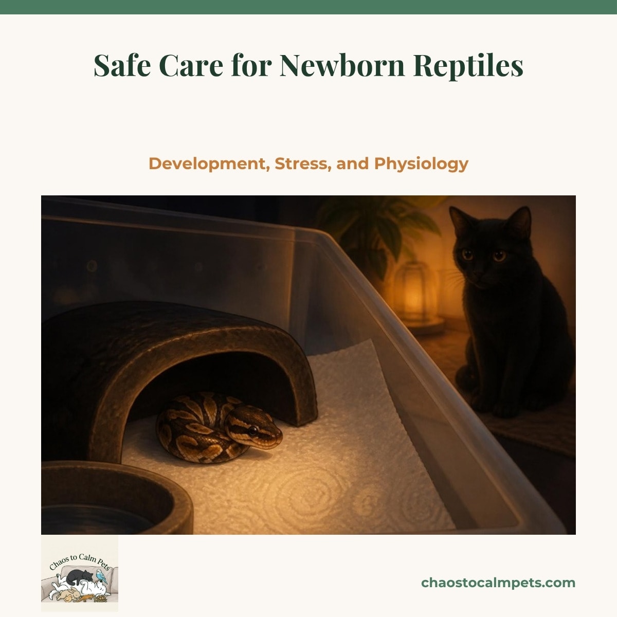 A newborn ball python hatchling curled in a dark hide in a quiet paper-towel nursery, with Shadow the black cat watching