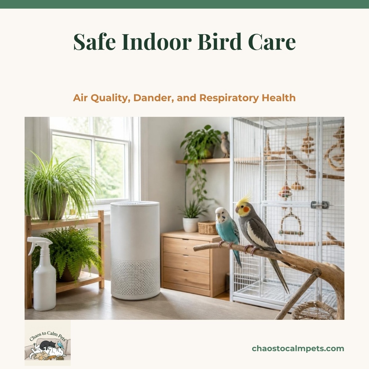 A tidy bird room with a HEPA air purifier beside a large cage, a spider plant and Boston fern on a shelf, a spray bottle of diluted vinegar on the counter, and a blue budgie beside a cockatiel on a natural branch in morning light