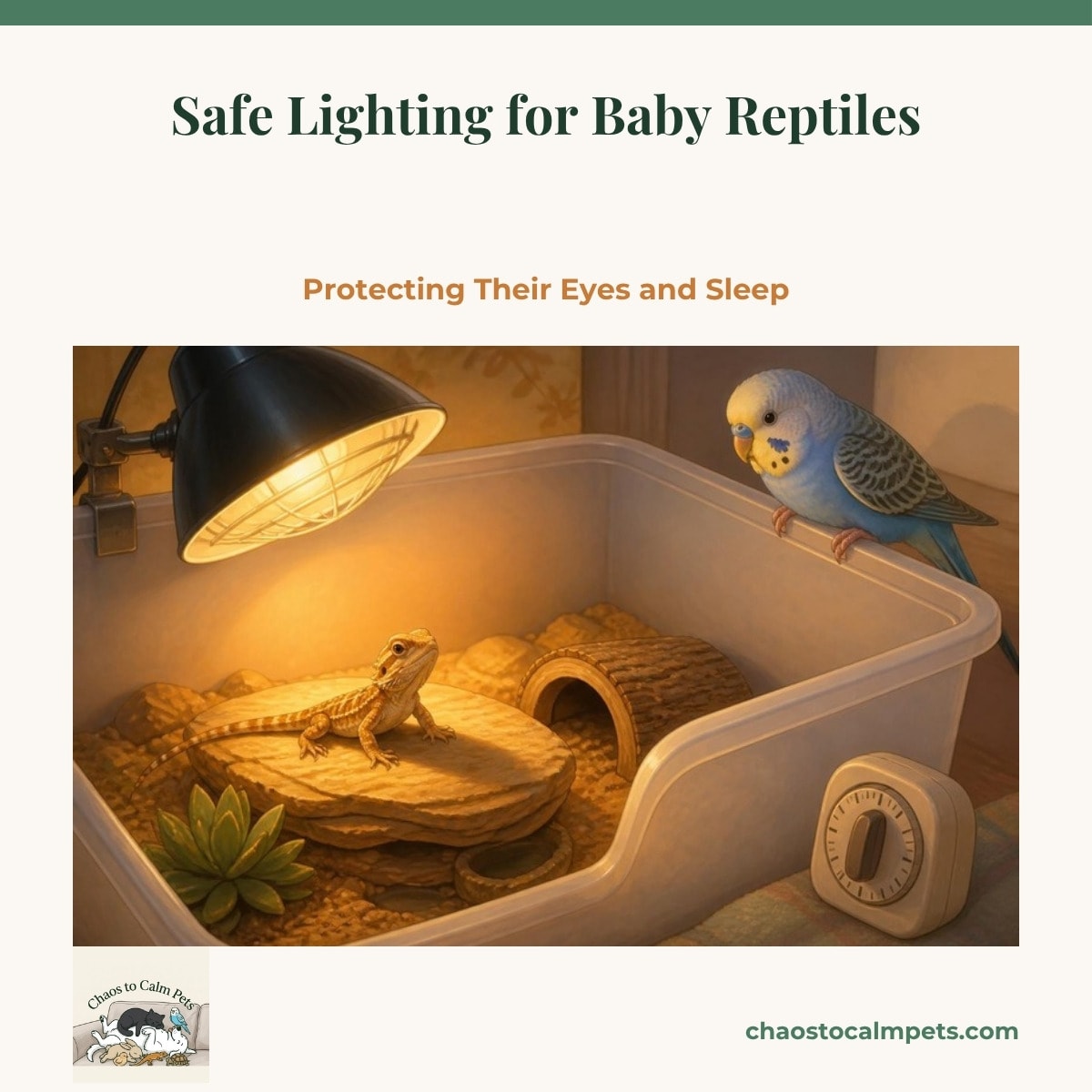 A hatchling gecko resting in a dim, shaded nursery shelf while a soft overhead tube light glows above, with a blue budgie watching from a nearby perch