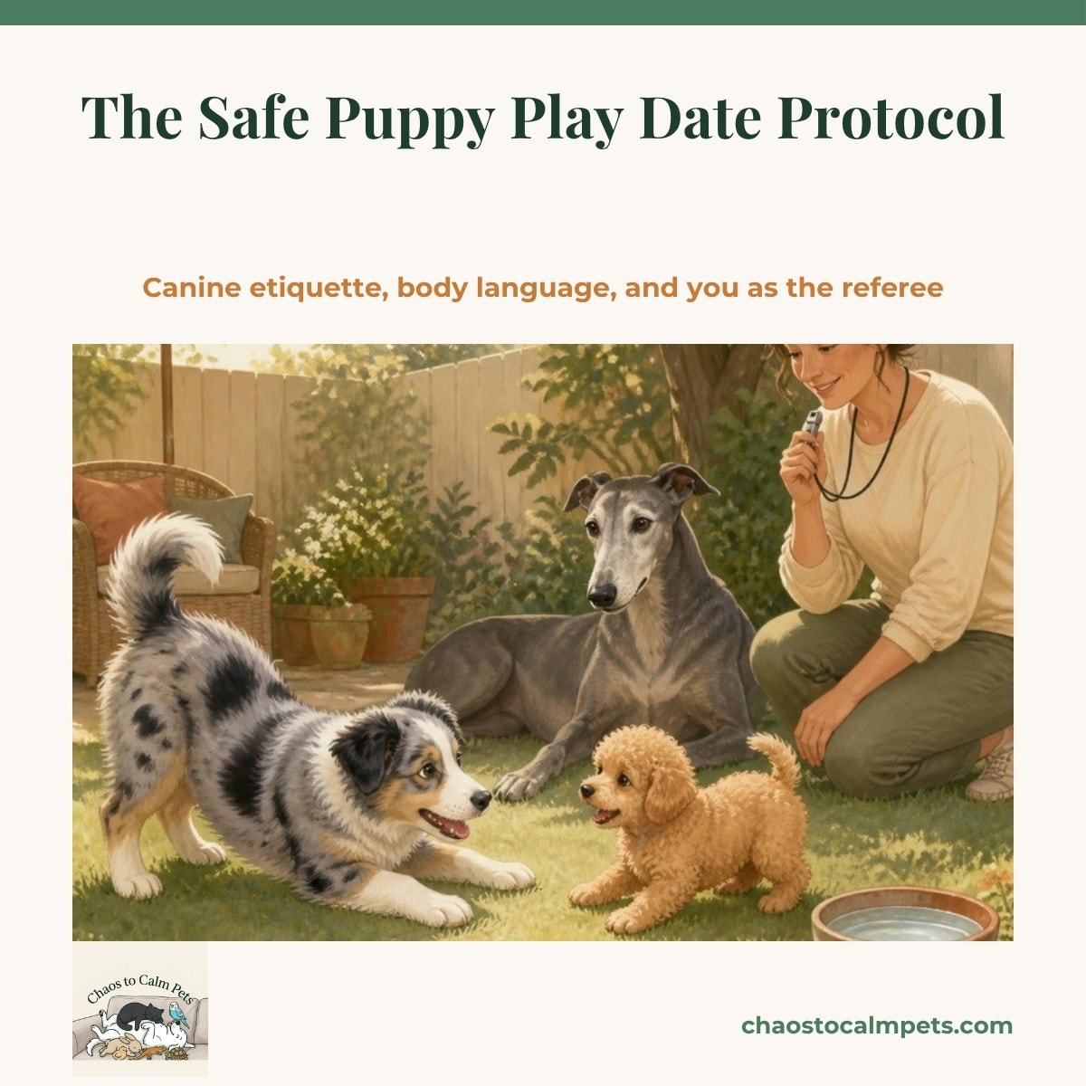 Two puppies mid-play on a lawn — a bouncy blue merle Border Collie puppy play-bowing to a tiny apricot toy Poodle puppy — while a calm grey-muzzled adult Greyhound lies nearby like a referee and a woman kneels ready to pause the game