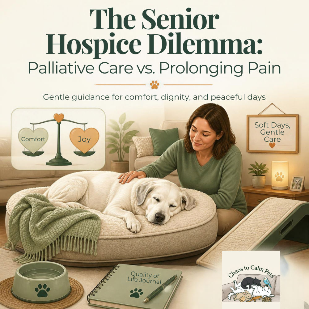 Woman sitting beside a senior white Labrador resting in a plush bed, with a comfort-versus-joy scale, a Quality of Life Journal, and a pet ramp visible in a warm, softly lit living room