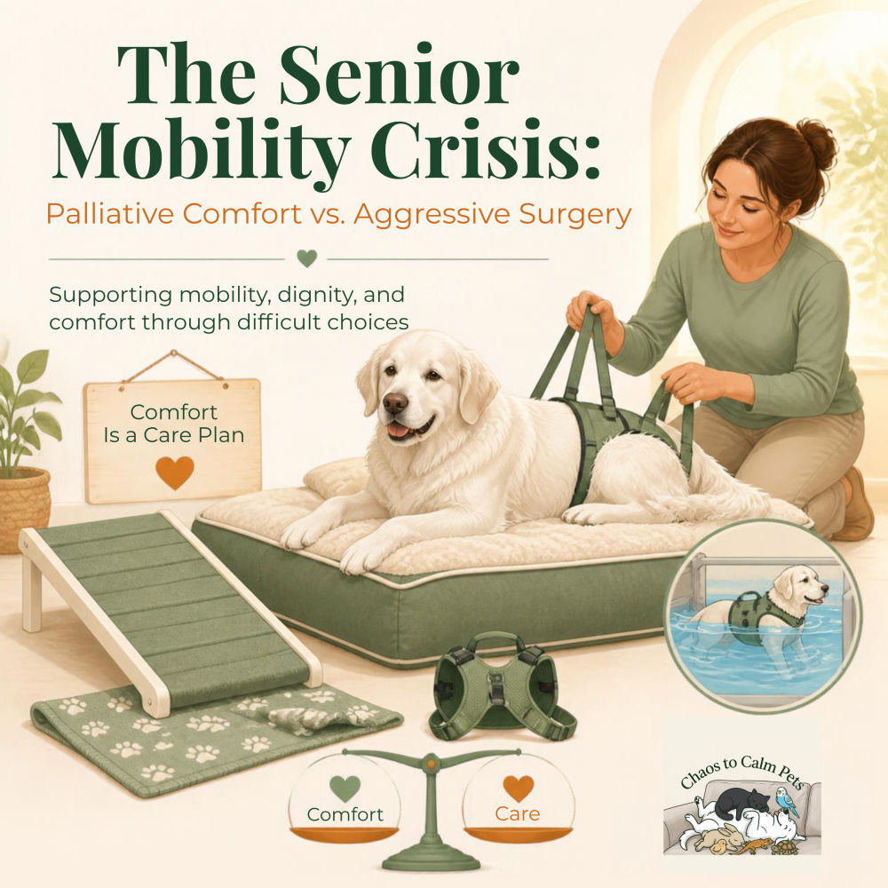 Woman using a support harness to assist a large senior white dog on an orthopedic bed, with a pet ramp, mobility harness, hydrotherapy inset, and a Comfort vs. Care balance scale visible