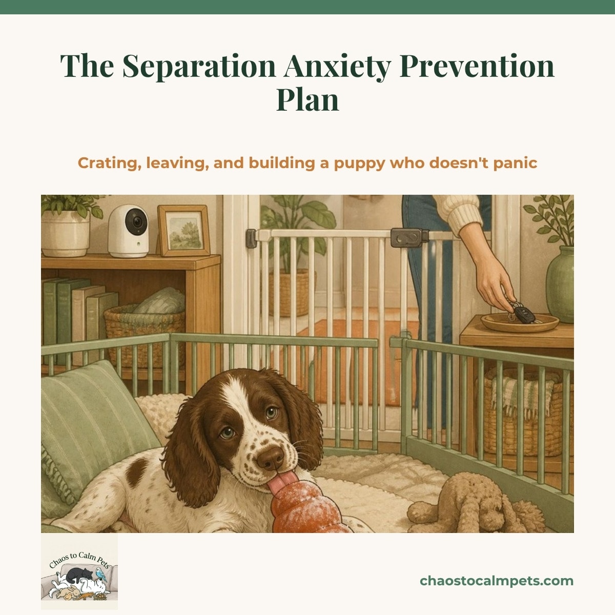 A spotted liver-and-white English Springer Spaniel puppy lying relaxed in a playpen licking a frozen KONG, a baby gate in the doorway, a small pet camera on the shelf, a woman's hand just visible picking up car keys with no fuss