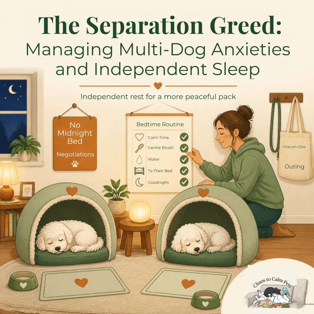 Woman checking off a bedtime routine chart beside two fluffy white dogs sleeping peacefully in separate green dome beds, with a sign reading No Midnight Bed Negotiations and a one-on-one outing bag on the wall
