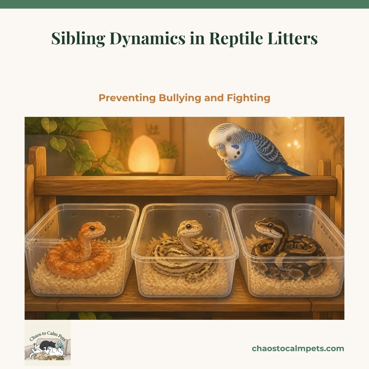 Three hatchling snakes each in their own separate clear shoebox tub lined up on a rack, with Neige the blue budgie watching