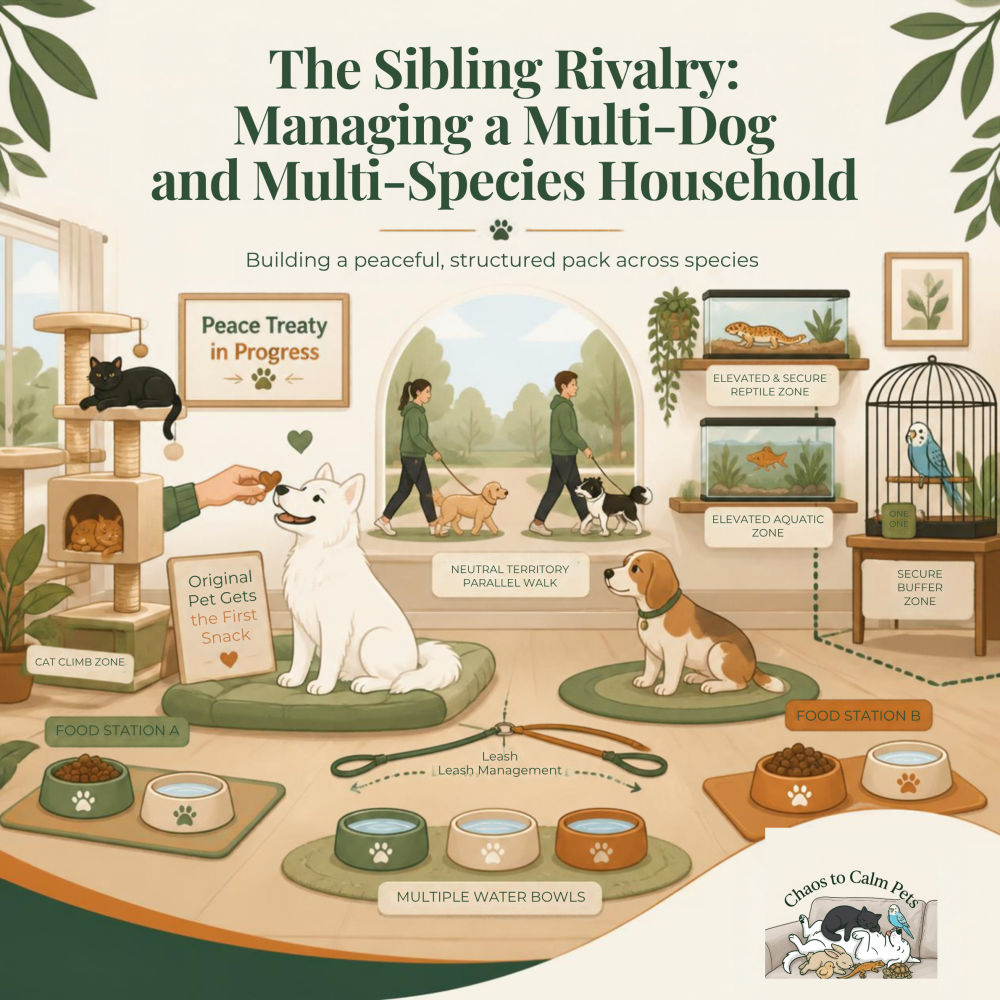 Illustrated household layout showing a white dog and beagle on separate feeding mats, a black cat on a cat climb zone, a budgie in a secure buffer zone, a reptile in an elevated enclosure, and two handlers doing a neutral-territory parallel walk outside